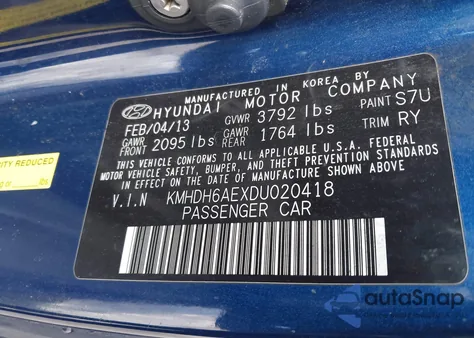 2013 Hyundai Elantra Gs z USA, uszkodzony, nr VIN KMHDH6AEXDU020418